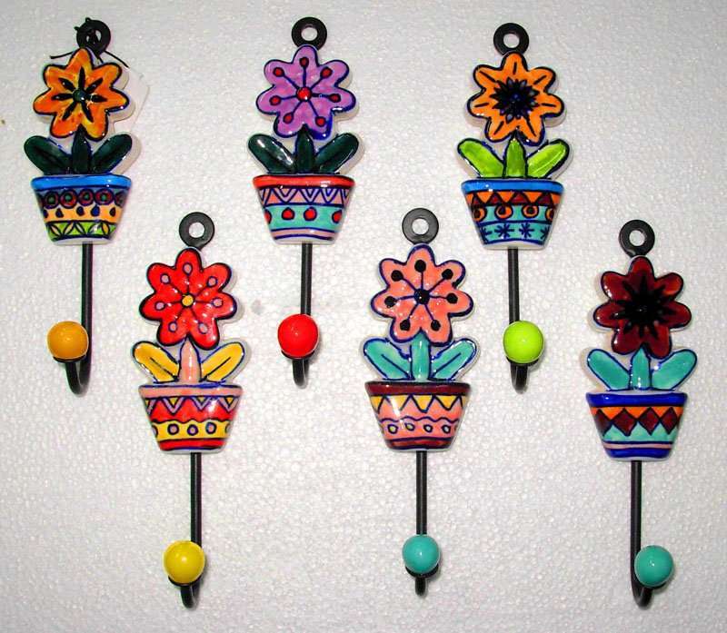 Ceramic Hooks Flower Pots Hooks 6 Assorted Carolina Trading