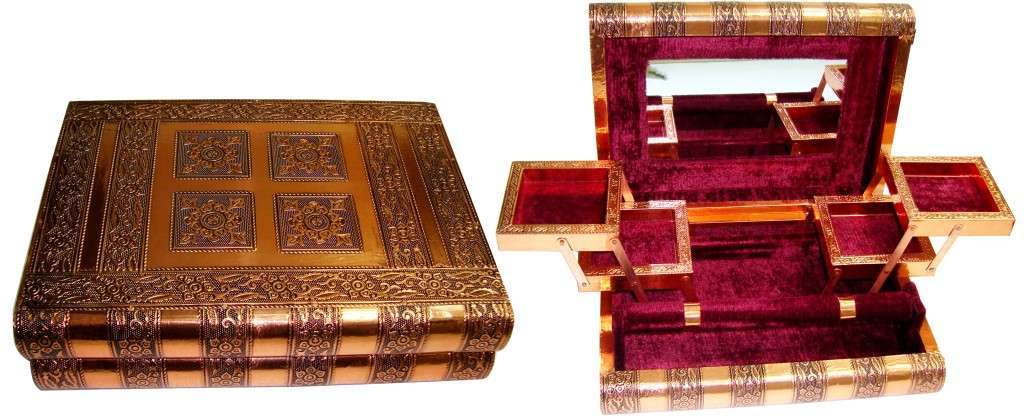 Jewellery Box Copper Finish Burgundy Fabric