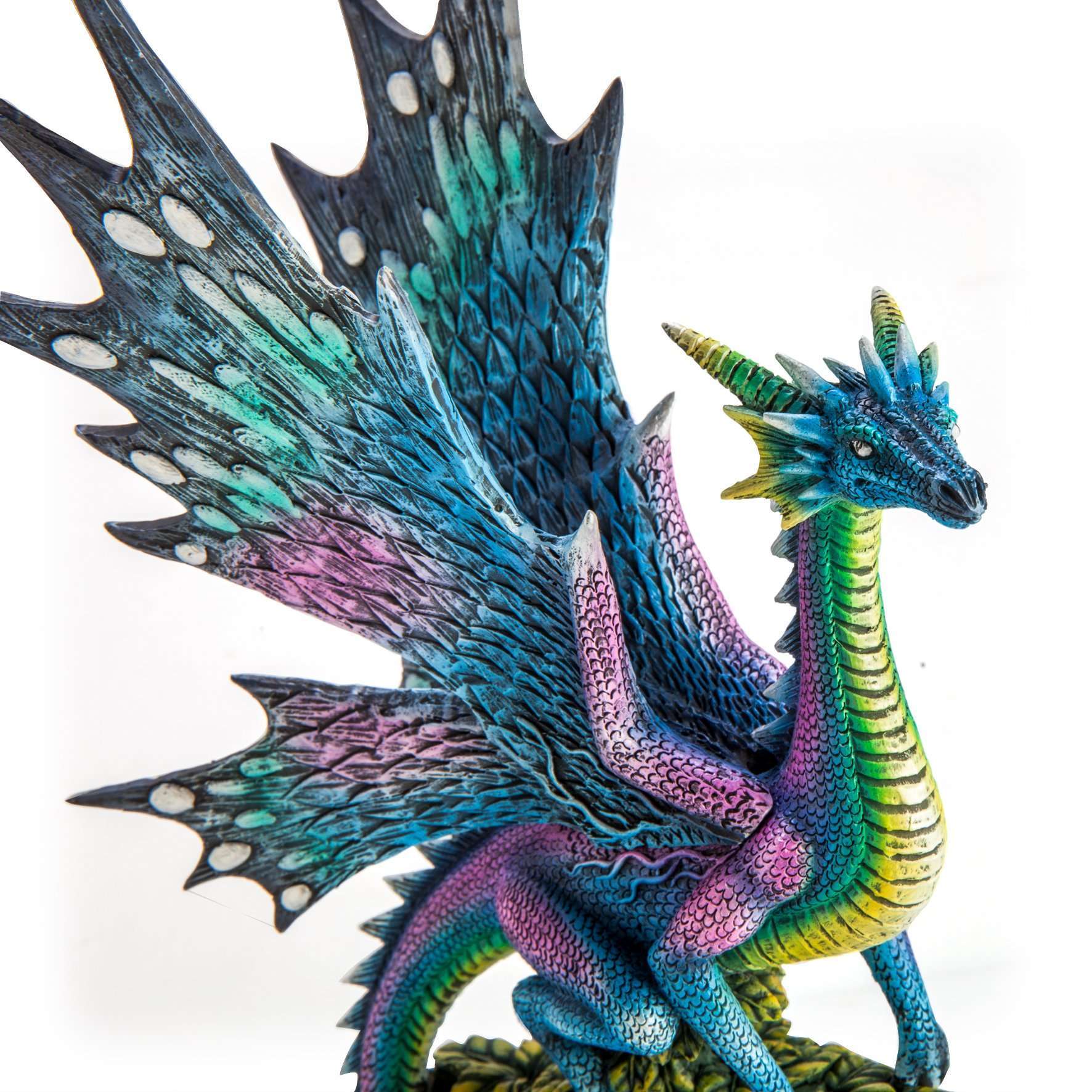 Metallic Rainbow Dragon on Leafy Stones Figurine Carolina Trading