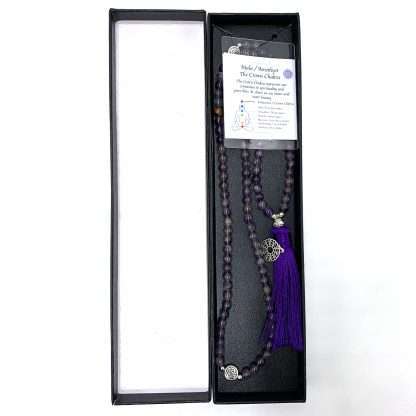 Amethyst Mala Beads with Crown Chakra Charm- 108 Beads - Image 2