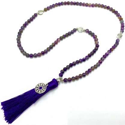Amethyst Mala Beads with Crown Chakra Charm- 108 Beads - Image 3