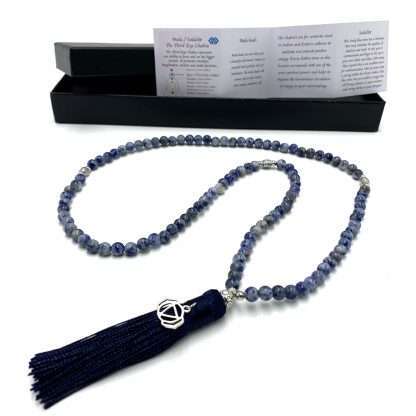 Sodalite Mala Beads with Third Eye Chakra Charm- 108 Beads