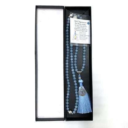 Aquamarine Mala Beads with Throat Chakra Charm- 108 Beads - Image 2