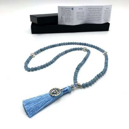 Aquamarine Mala Beads with Throat Chakra Charm- 108 Beads