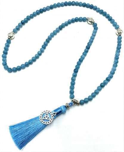 Aquamarine Mala Beads with Throat Chakra Charm- 108 Beads - Image 3