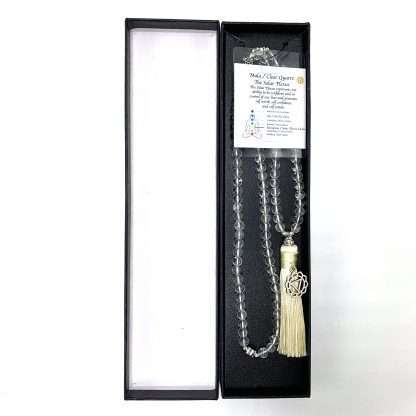 Clear Quartz Mala Beads with Solar Plexus Chakra Charm- 108 Beads - Image 2