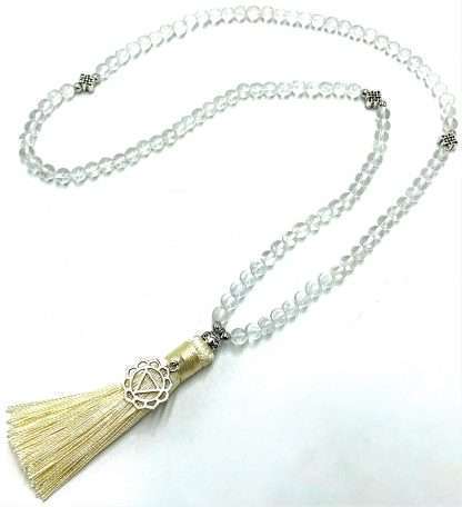 Clear Quartz Mala Beads with Solar Plexus Chakra Charm- 108 Beads - Image 3