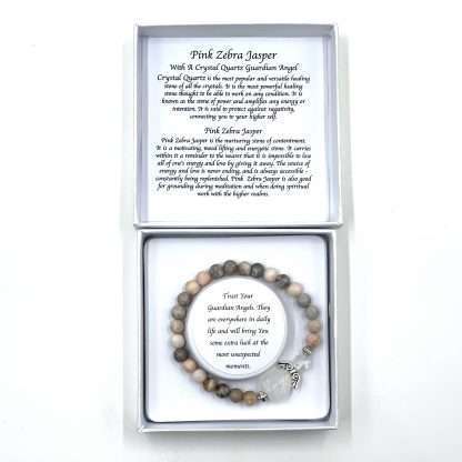 Pink Zebra Jasper Crystal Heart Guardian Angel Bracelet