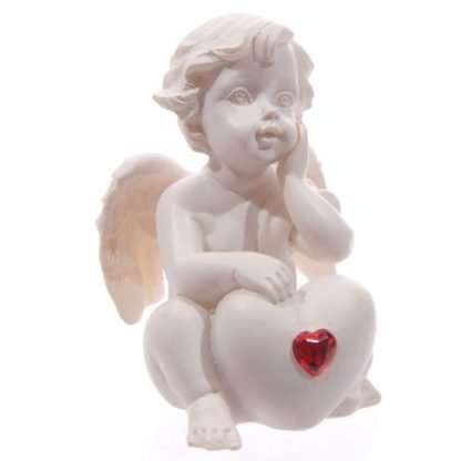 White Cherub Sitting with Red Heart Gem - Image 2