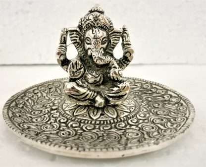 White Metal Round Ganesha Incense Holder