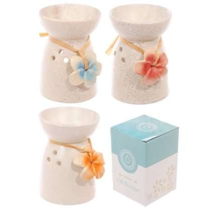 Speckled Cream Ceramic Oil and Wax Burner with Flower