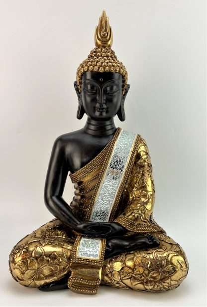 Black and Gold Meditating Buddha Statue with Mosaic