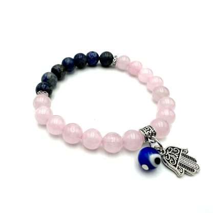 Hamsa Evil Eye Charm Bracelet- Rose Quartz - Image 2