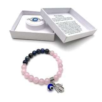 Hamsa Evil Eye Charm Bracelet- Rose Quartz