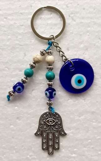 Hamsa Evil Eye Keyring with Turquoise (Howlite) Beads