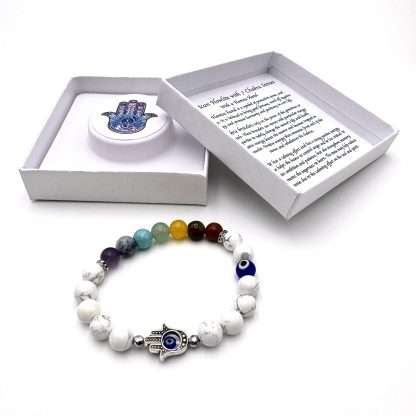 Hamsa Evil Eye Bracelet- White Howlite with Chakra Stones - Image 2