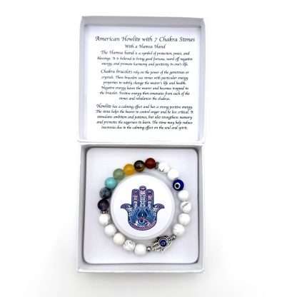 Hamsa Evil Eye Bracelet- White Howlite with Chakra Stones - Image 3