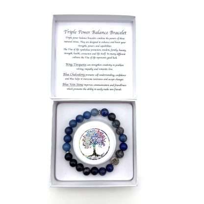 Triple Power Balance Bracelet Tree of Life - Dark Blue King Turquoise (Howlite) -Dark Blue Vein Jasper-Blue Chalcedony - Image 3
