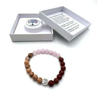 Triple Power Balance Bracelet Tree of Life - Red Woodgrain Jasper-Red Veined White Onyx-Rose Quartz