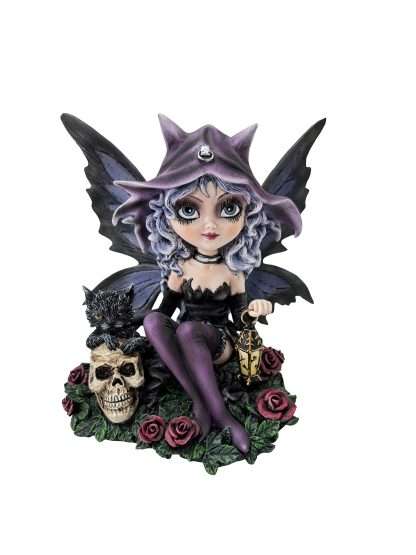 Goth Fairy Holding Lantern with Black Cat, Skulls & Roses