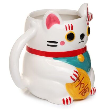 White Maneki Neko Lucky Cat Ceramic Shaped Mug - Image 4