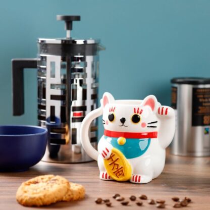 White Maneki Neko Lucky Cat Ceramic Shaped Mug - Image 6