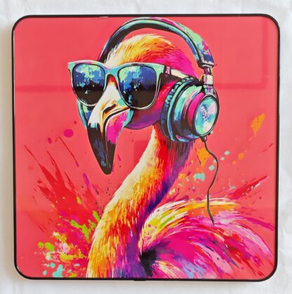Framed PVC Pop Art Flamingo with Headphones 30x30cm - Image 2