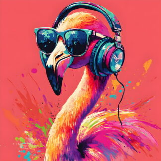 Framed PVC Pop Art Flamingo with Headphones 30x30cm