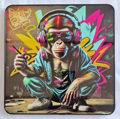 Framed PVC Pop Art Chimpanzee with Headphones 30x30cm - Image 2