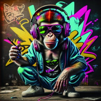 Framed PVC Pop Art Chimpanzee with Headphones 30x30cm
