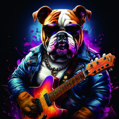 Framed PVC Pop Art Bulldog with Guitar 30x30cm