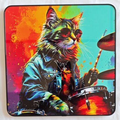 Framed PVC Pop Art Cat Drummer 30x30cm - Image 2