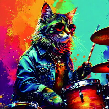 Framed PVC Pop Art Cat Drummer 30x30cm