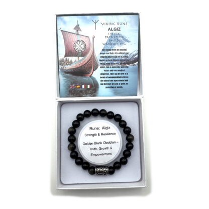 Rune Bracelet Golden Black Obsidian Algiz