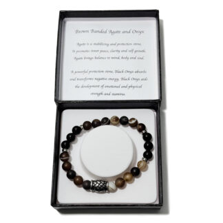 Men's Bracelet Matte Brown Banded Agate Onyx & Hemp Knot Bucket Bead